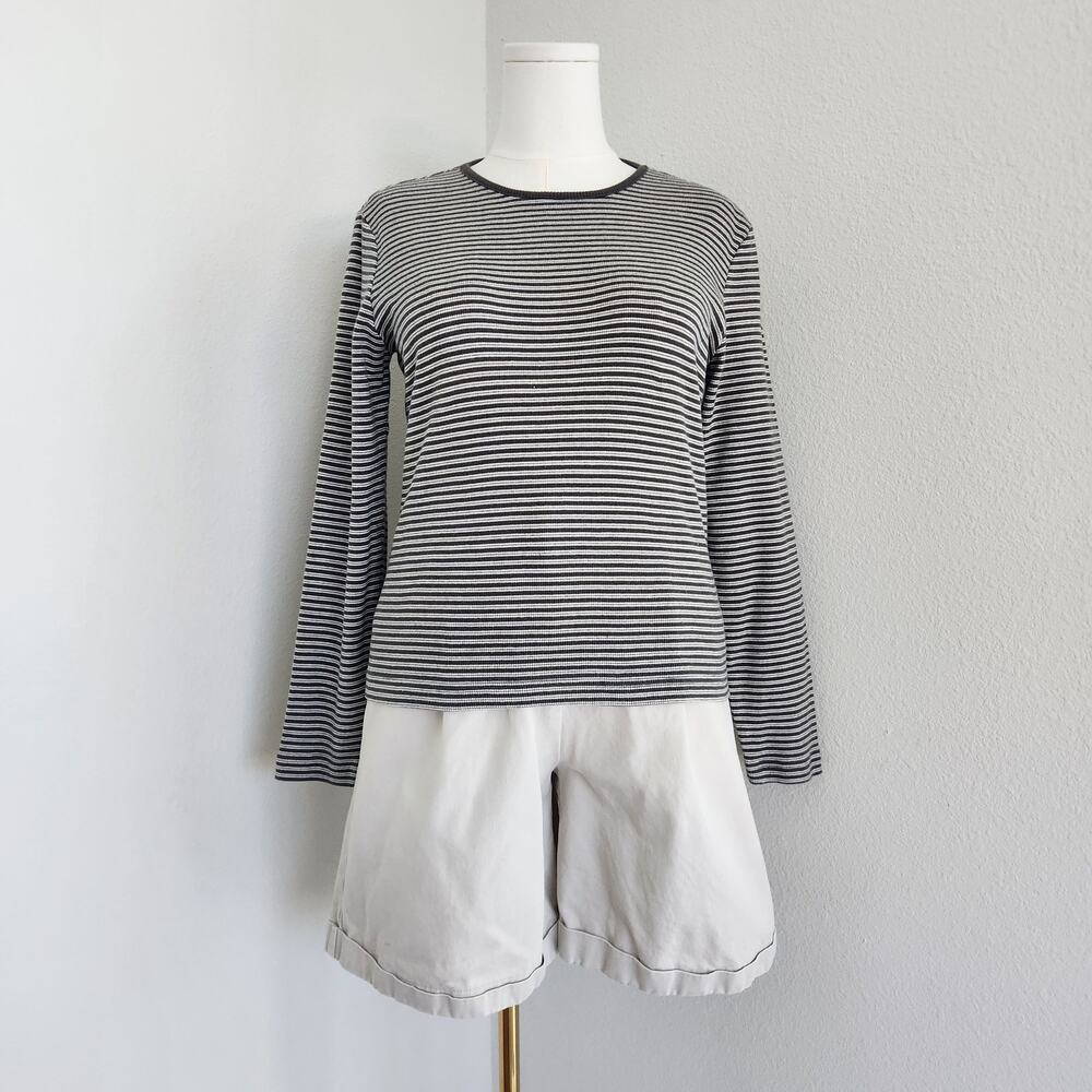 Vintage 90s Y2K Grey White Striped Ribbed Knit Long Sleeve Top Geoffrey Beene M